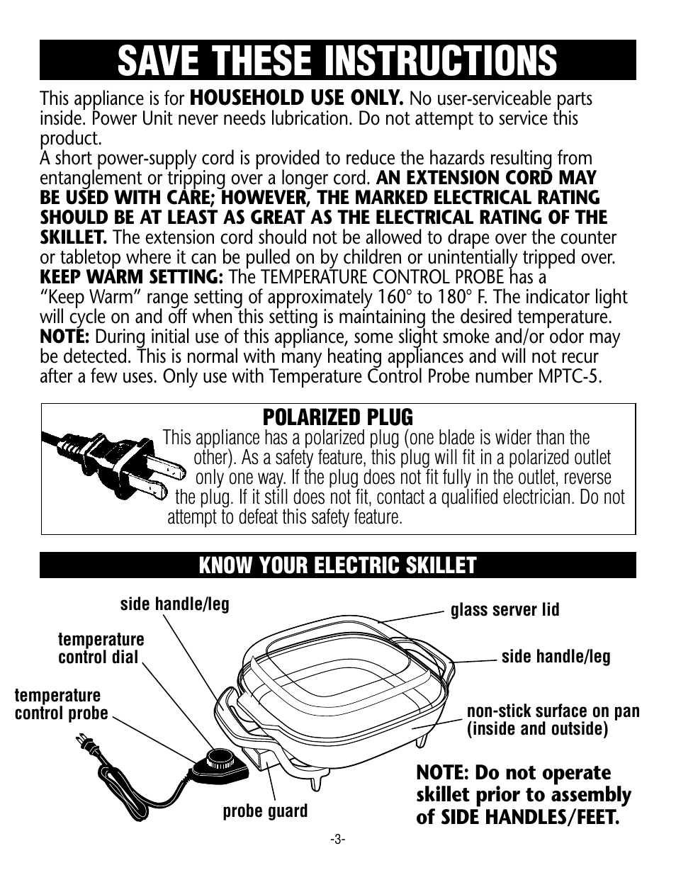 Save these instructions, Know your electric skillet, Polarized plug | Household use only | Rival S12 G User Manual | Page 3 / 14