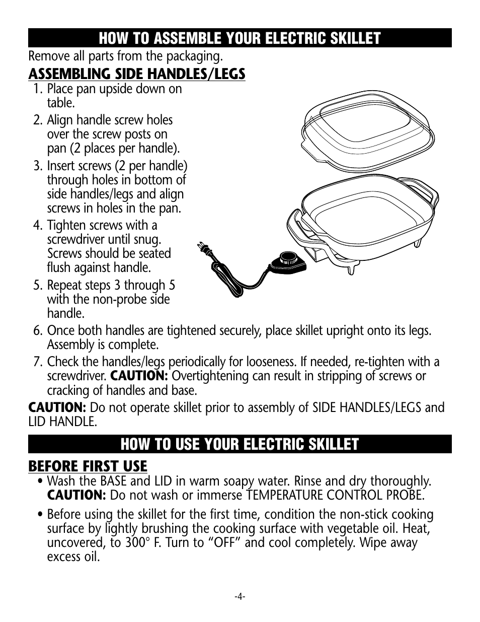 How to use your electric skillet, Assembling side handles/legs, How to assemble your electric skillet | Before first use | Rival S12 G User Manual | Page 4 / 14