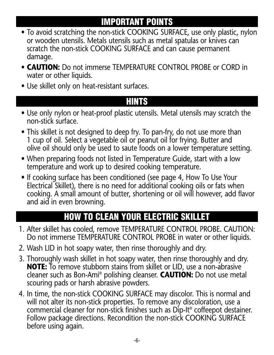 How to clean your electric skillet, Hints, Important points | Rival S12 G User Manual | Page 6 / 14