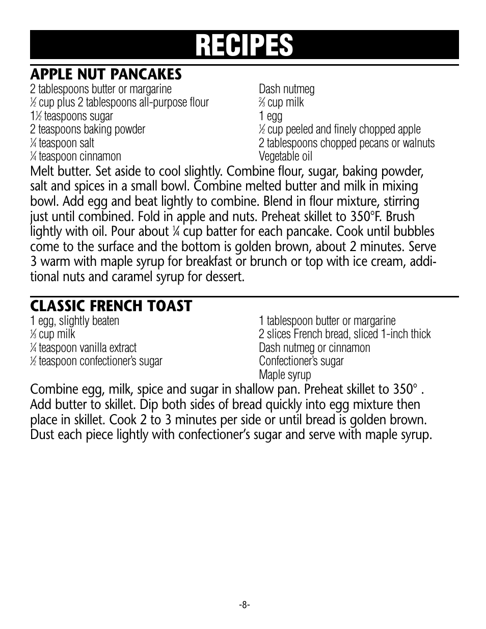 Recipes, Apple nut pancakes, Classic french toast | Rival S12 G User Manual | Page 8 / 14