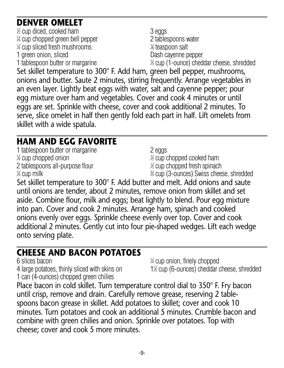 Denver omelet, Ham and egg favorite, Cheese and bacon potatoes | Cup diced, cooked ham 3 eggs, Cup chopped green bell pepper 2 tablespoons water, Cup sliced fresh mushrooms, Cup (1-ounce) cheddar cheese, shredded, 1 tablespoon butter or margarine 2 eggs, Cup chopped onion, Cup chopped fresh spinach | Rival S12 G User Manual | Page 9 / 14