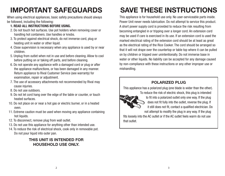 Important safeguards, Save these instructions | Rival CKRVRCM061 User Manual | Page 2 / 8