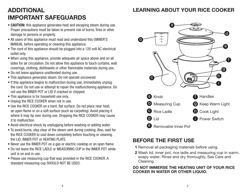 Additional important safeguards, Learning about your rice cooker, Before the first use | Rival CKRVRCM061 User Manual | Page 3 / 8