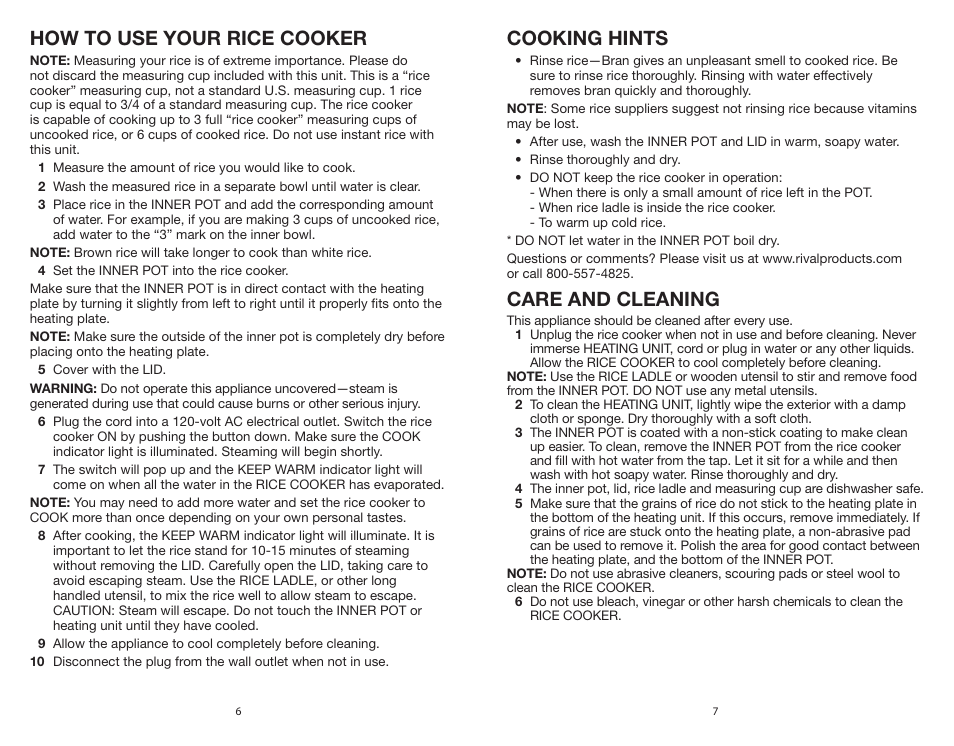 Cooking hints, Care and cleaning, How to use your rice cooker | Rival CKRVRCM061 User Manual | Page 4 / 8