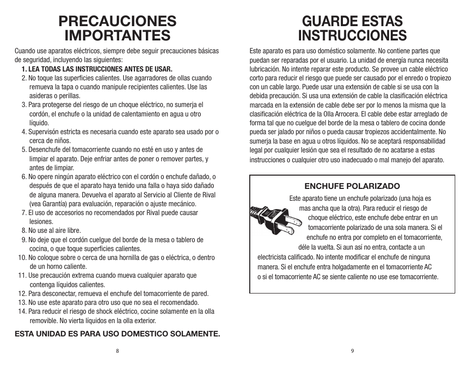 Precauciones importantes, Guarde estas instrucciones | Rival CKRVRCM061 User Manual | Page 5 / 8