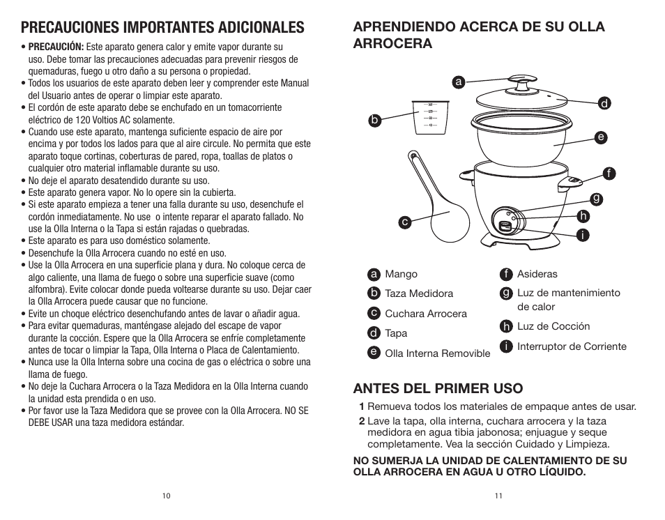 Precauciones importantes adicionales, Aprendiendo acerca de su olla arrocera, Antes del primer uso | Rival CKRVRCM061 User Manual | Page 6 / 8