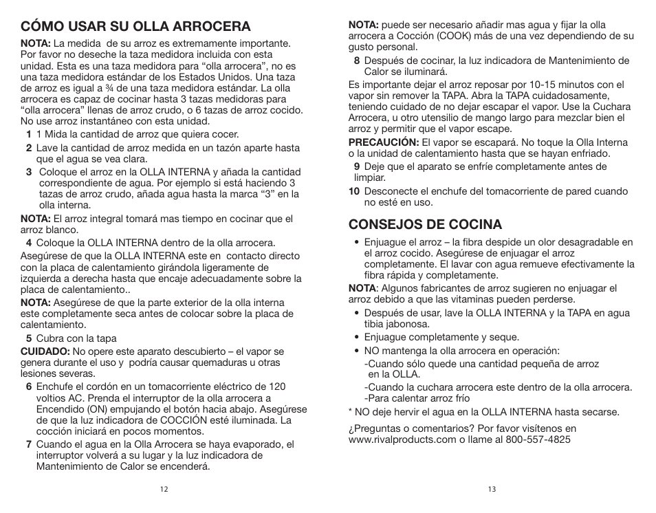 Consejos de cocina, Cómo usar su olla arrocera | Rival CKRVRCM061 User Manual | Page 7 / 8