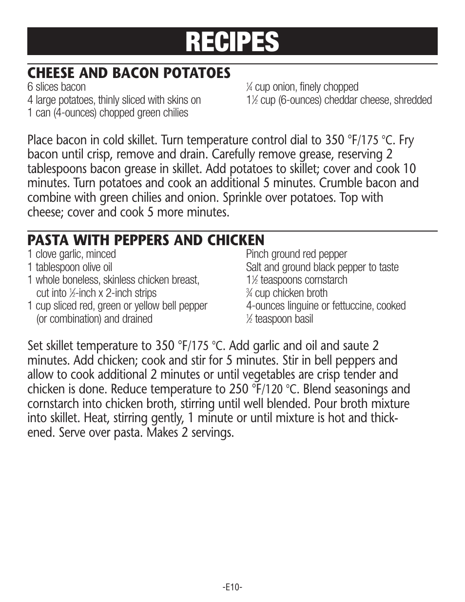 Recipes, Cheese and bacon potatoes, Pasta with peppers and chicken | Set skillet temperature to 350 °f | Rival S160 User Manual | Page 10 / 36