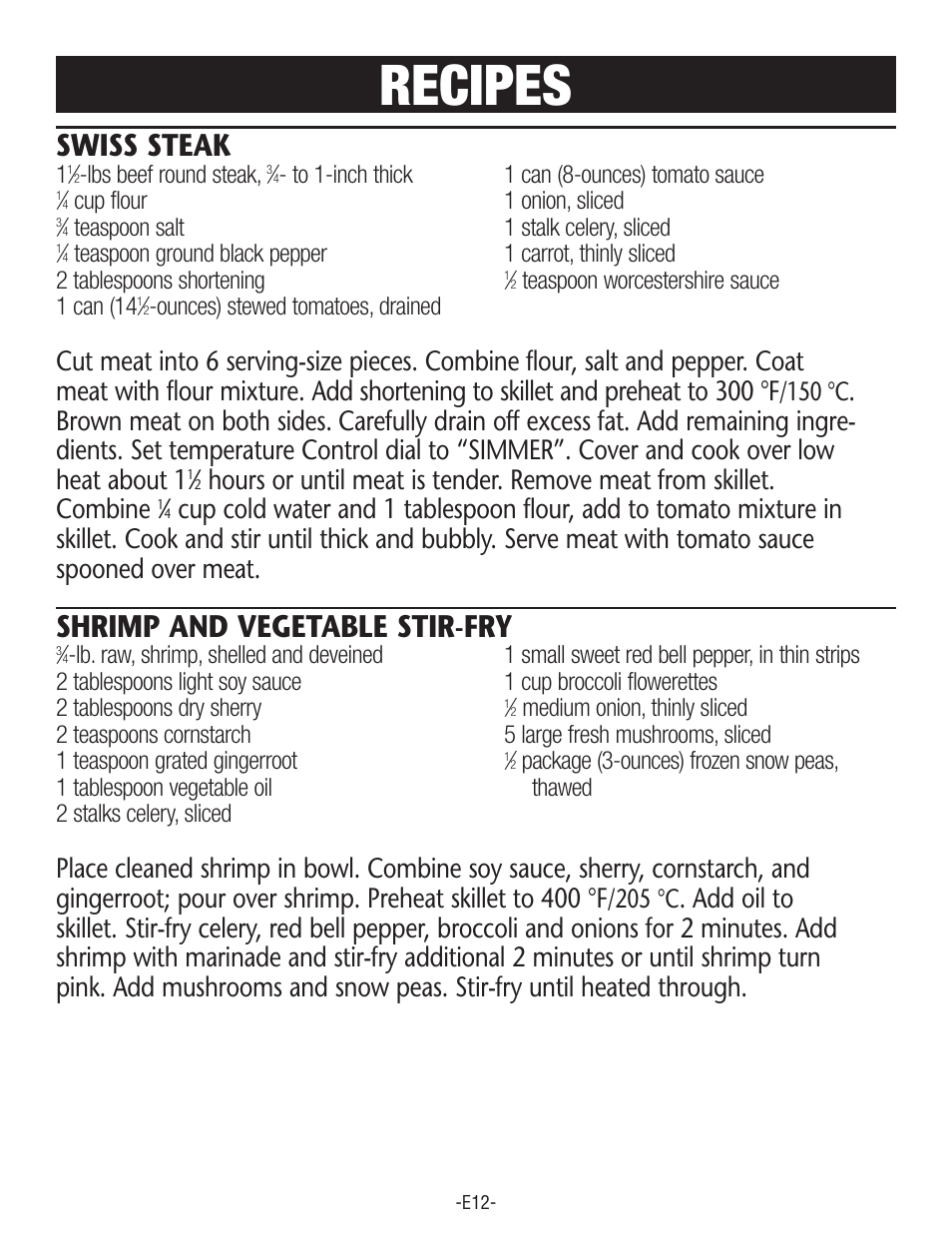 Recipes, Swiss steak, Shrimp and vegetable stir-fry | 150 °c, 205 °c | Rival S160 User Manual | Page 12 / 36