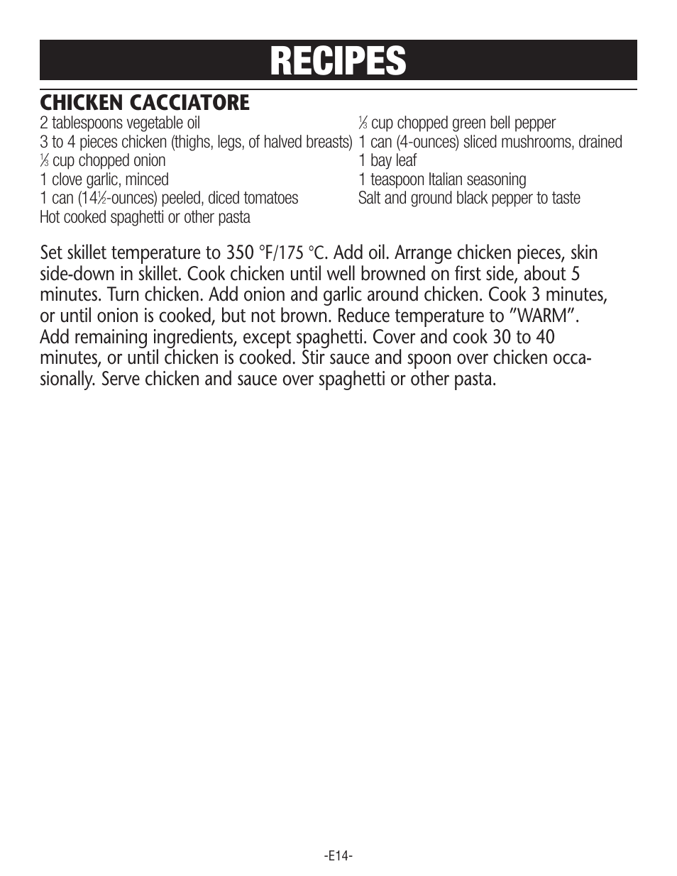 Recipes, Chicken cacciatore, Set skillet temperature to 350 °f | Rival S160 User Manual | Page 14 / 36