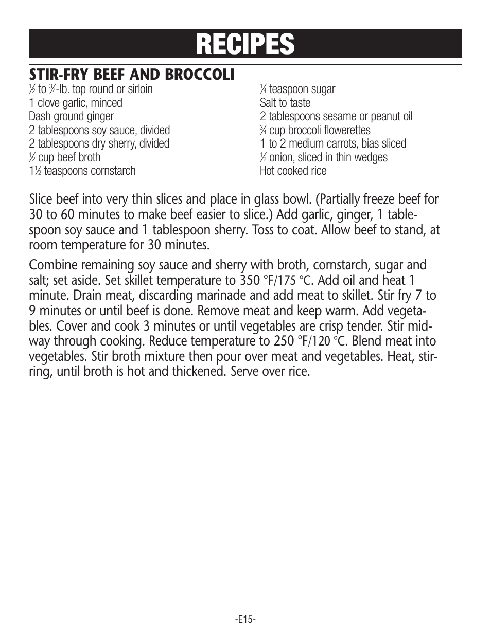 Recipes, Stir-fry beef and broccoli, 175 °c | 120 °c | Rival S160 User Manual | Page 15 / 36
