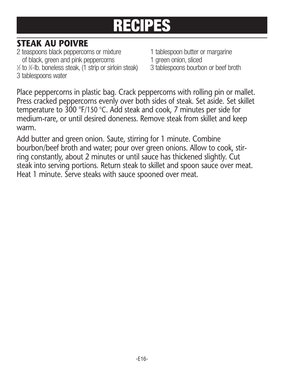 Recipes, Steak au poivre | Rival S160 User Manual | Page 16 / 36