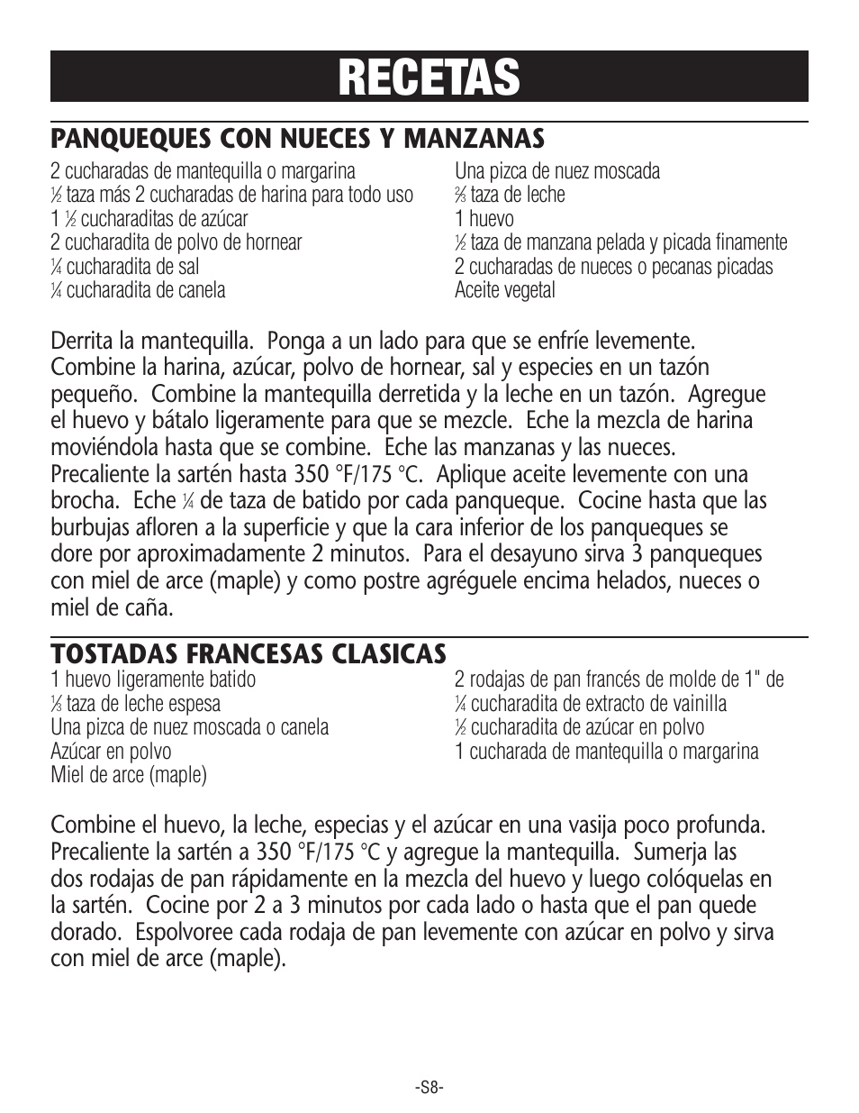 Recetas, Panqueques con nueces y manzanas, Tostadas francesas clasicas | Aplique aceite levemente con una brocha. eche, 175 °c | Rival S160 User Manual | Page 26 / 36