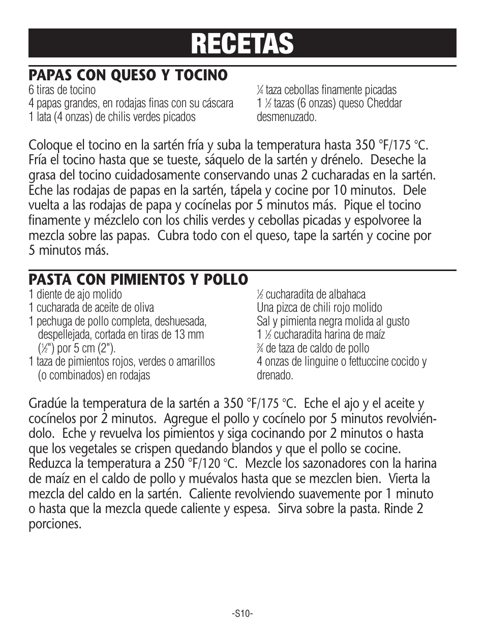 Recetas, Papas con queso y tocino, Pasta con pimientos y pollo | Gradúe la temperatura de la sartén a 350 °f | Rival S160 User Manual | Page 28 / 36