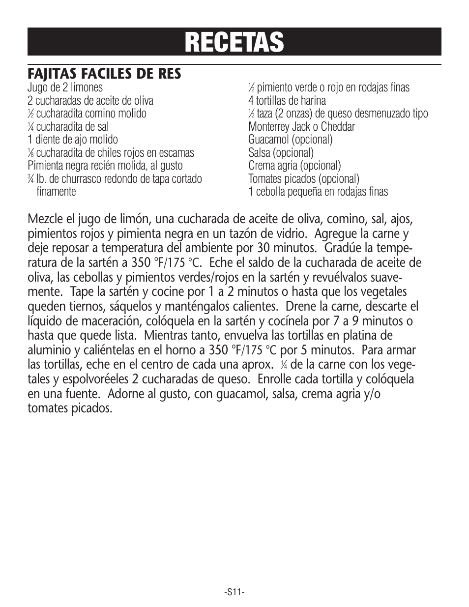 Recetas, Fajitas faciles de res | Rival S160 User Manual | Page 29 / 36