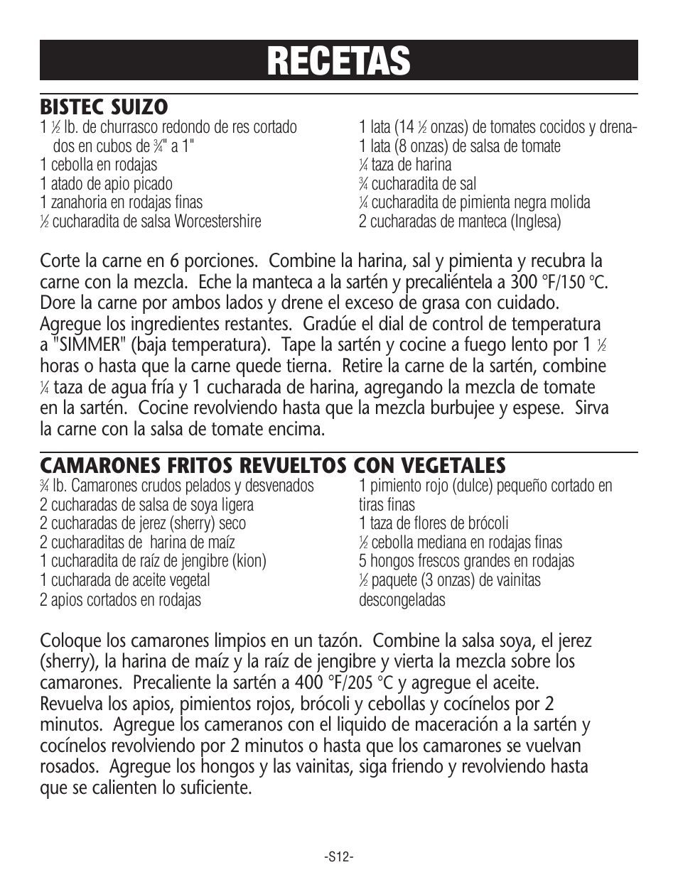Recetas, Bistec suizo, Camarones fritos revueltos con vegetales | 150 °c, 205 °c | Rival S160 User Manual | Page 30 / 36