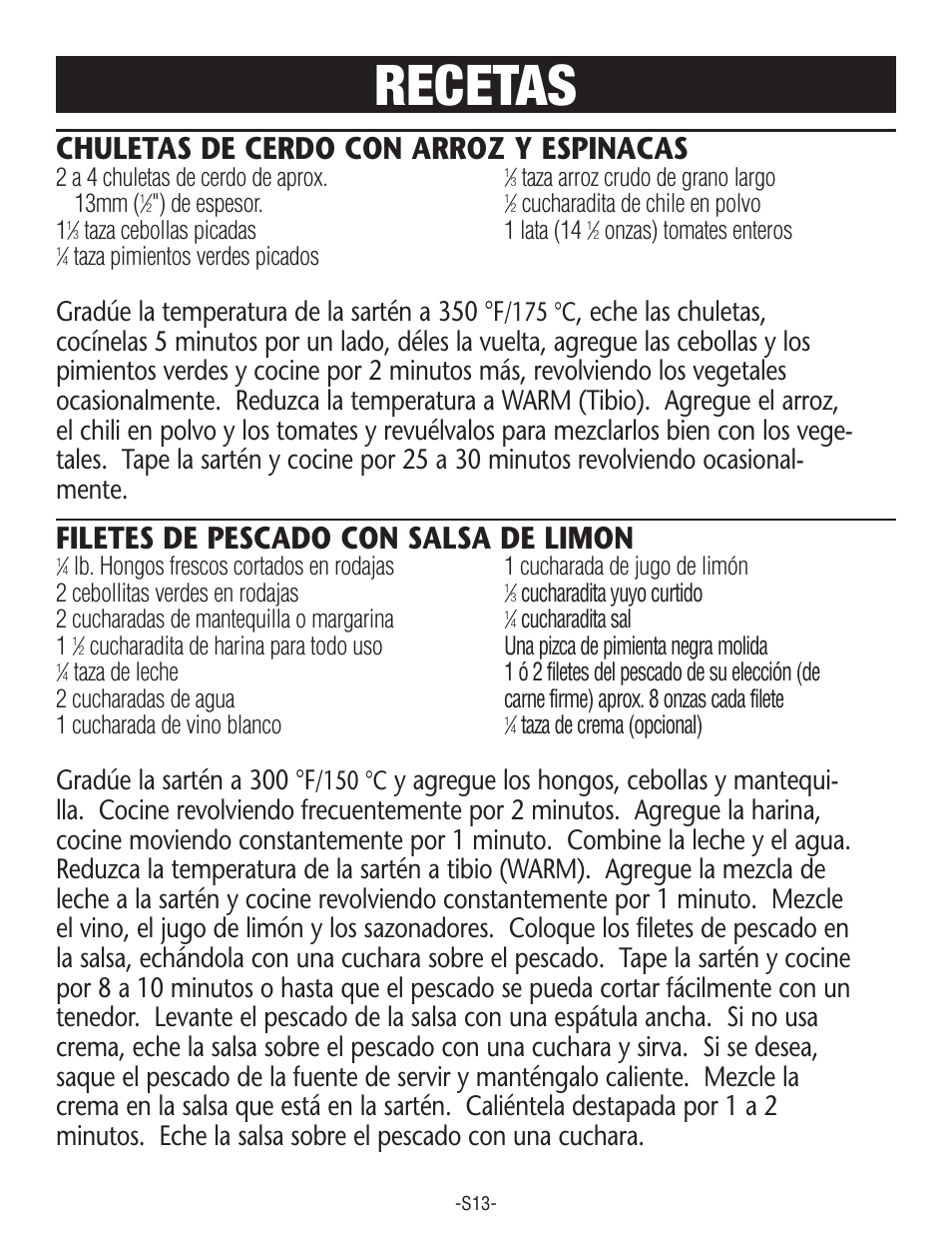 Recetas, Chuletas de cerdo con arroz y espinacas, Filetes de pescado con salsa de limon | Gradúe la temperatura de la sartén a 350 °f, Gradúe la sartén a 300 °f, 175 °c, 150 °c | Rival S160 User Manual | Page 31 / 36