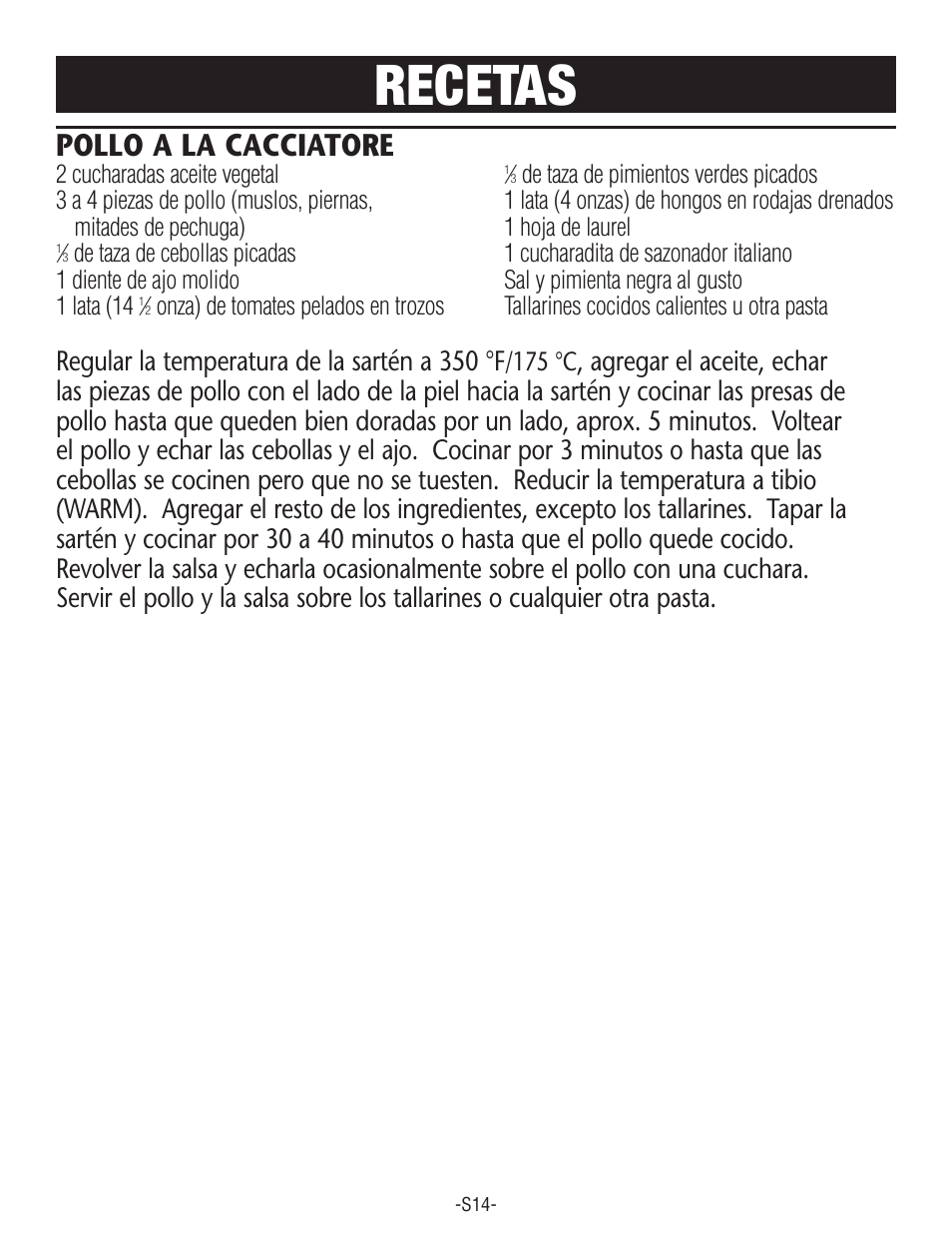 Recetas, Pollo a la cacciatore, Regular la temperatura de la sartén a 350 °f | Rival S160 User Manual | Page 32 / 36