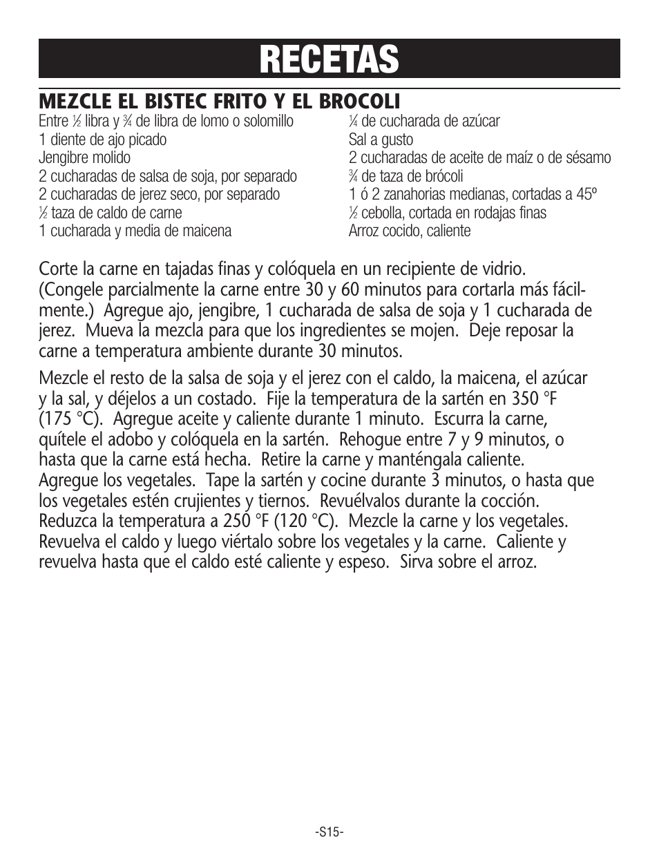 Recetas, Mezcle el bistec frito y el brocoli | Rival S160 User Manual | Page 33 / 36