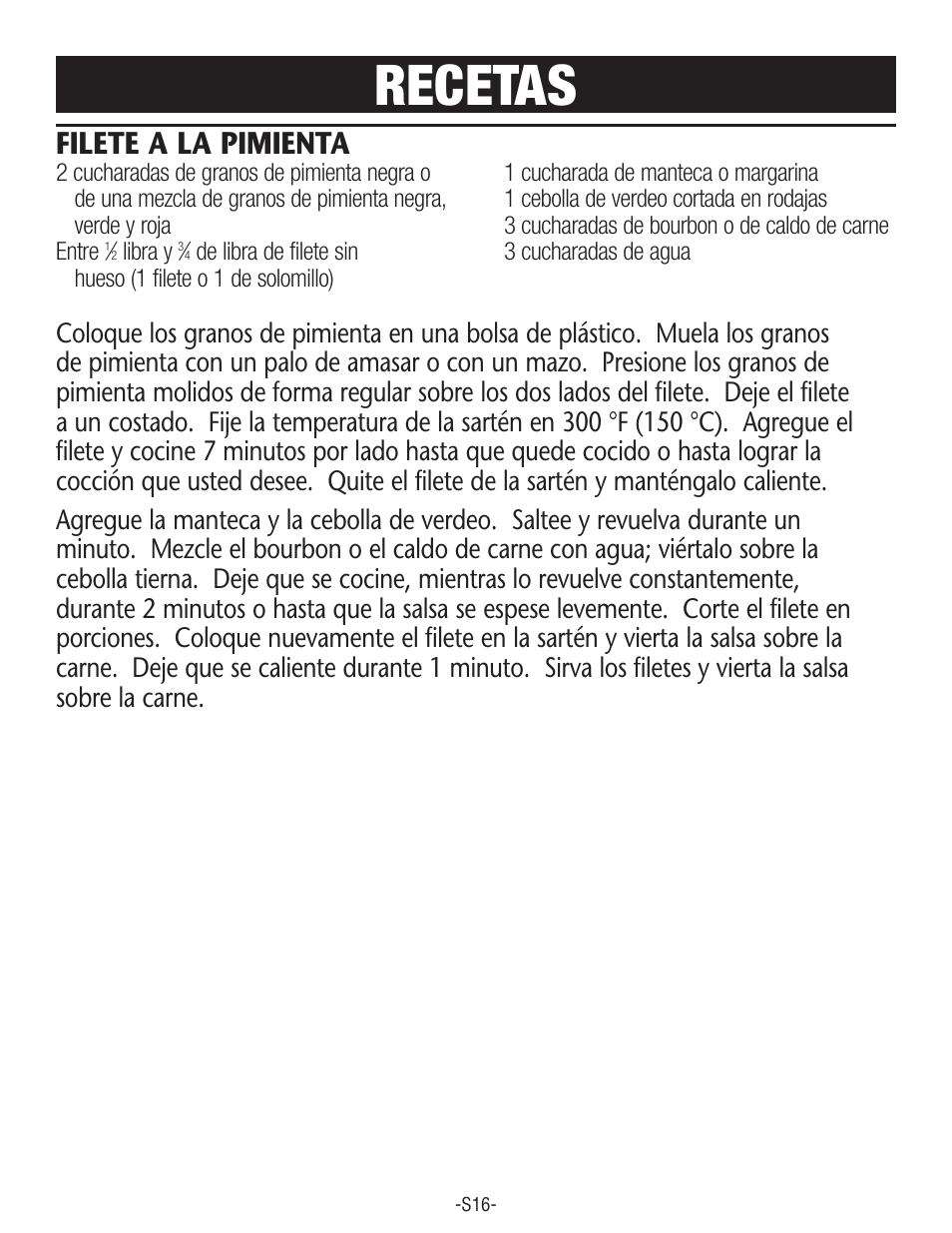 Recetas, Filete a la pimienta | Rival S160 User Manual | Page 34 / 36