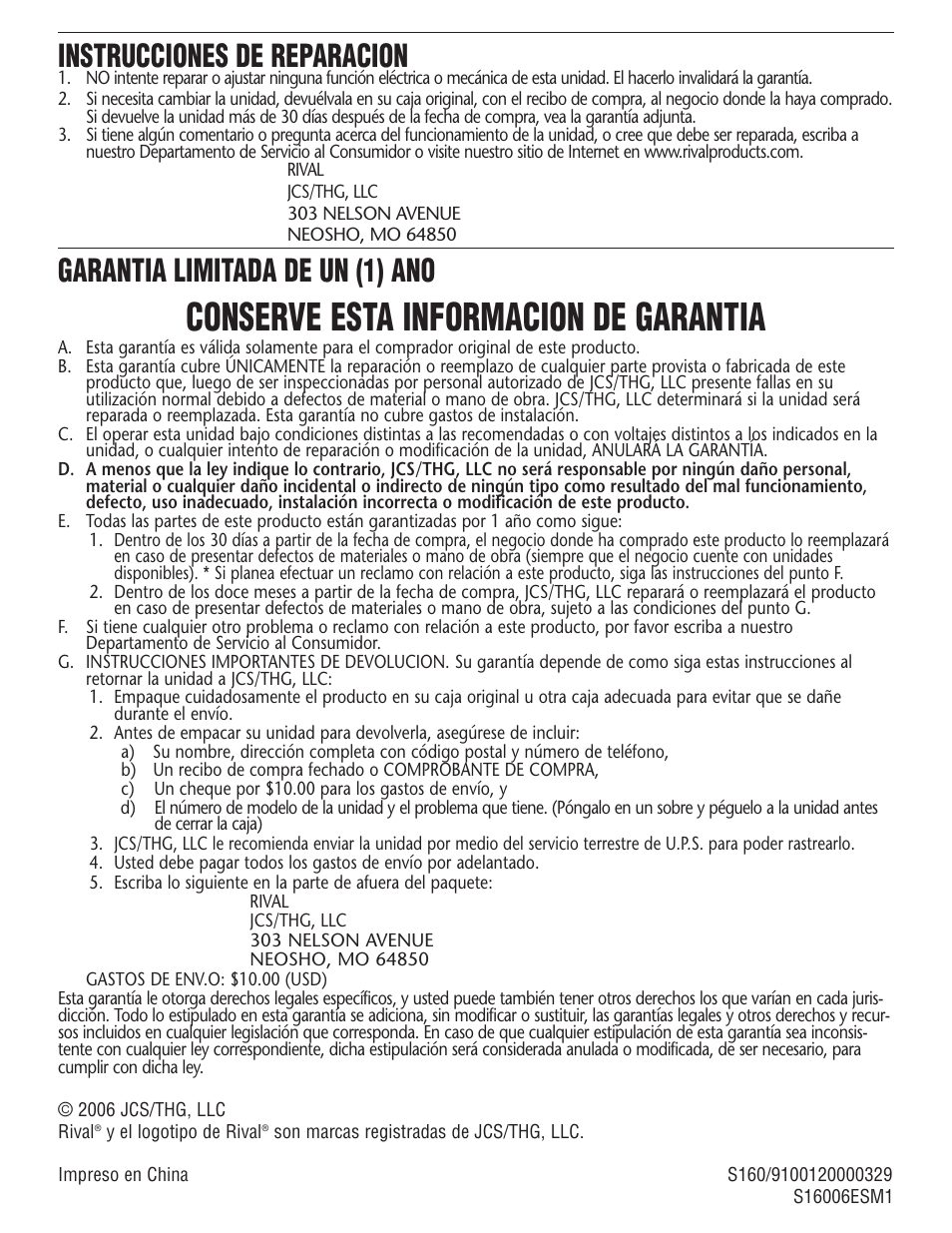Conserve esta informacion de garantia, Instrucciones de reparacion, Garantia limitada de un (1) ano | Rival S160 User Manual | Page 36 / 36