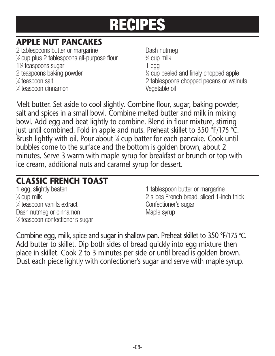 Recipes, Apple nut pancakes, Classic french toast | Brush lightly with oil. pour about, 175 °c | Rival S160 User Manual | Page 8 / 36