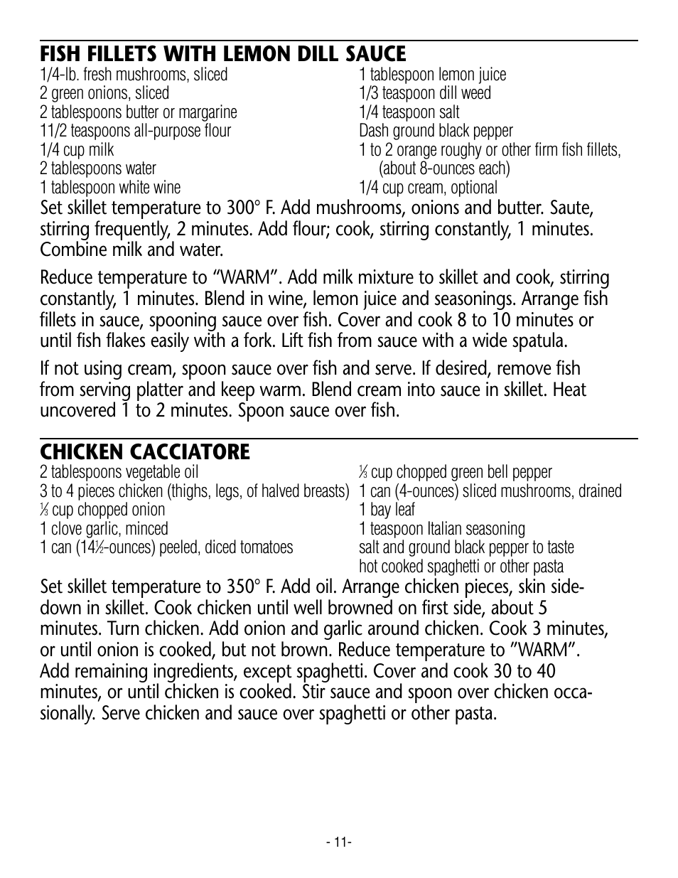 Fish fillets with lemon dill sauce, Chicken cacciatore | Rival S16G User Manual | Page 11 / 14
