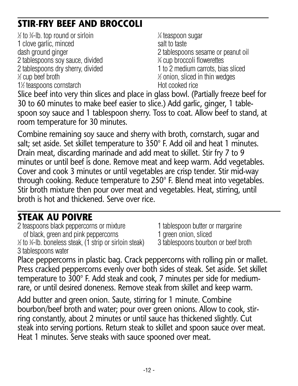 Stir-fry beef and broccoli, Steak au poivre, Lb. top round or sirloin | Cup beef broth, Onion, sliced in thin wedges 1, Teaspoons cornstarch hot cooked rice | Rival S16G User Manual | Page 12 / 14