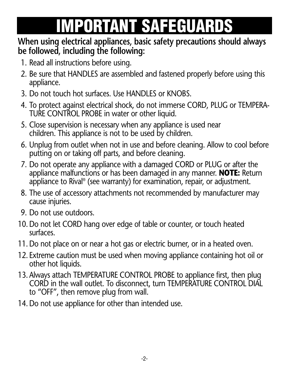 Important safeguards | Rival S16G User Manual | Page 2 / 14