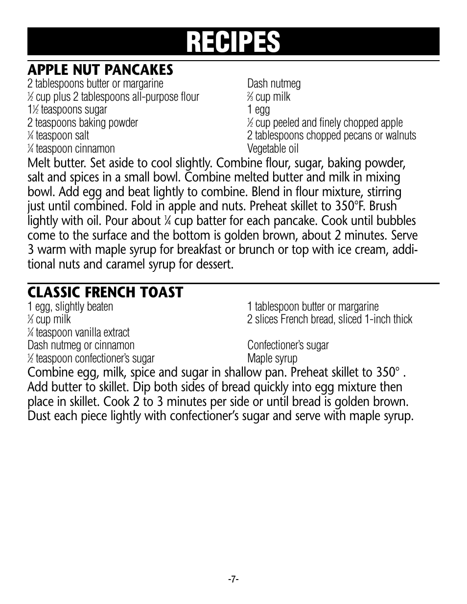 Recipes, Apple nut pancakes, Classic french toast | Rival S16G User Manual | Page 7 / 14