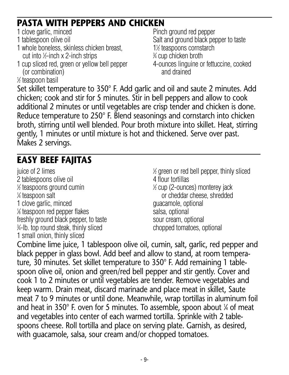 Pasta with peppers and chicken, Easy beef fajitas | Rival S16G User Manual | Page 9 / 14