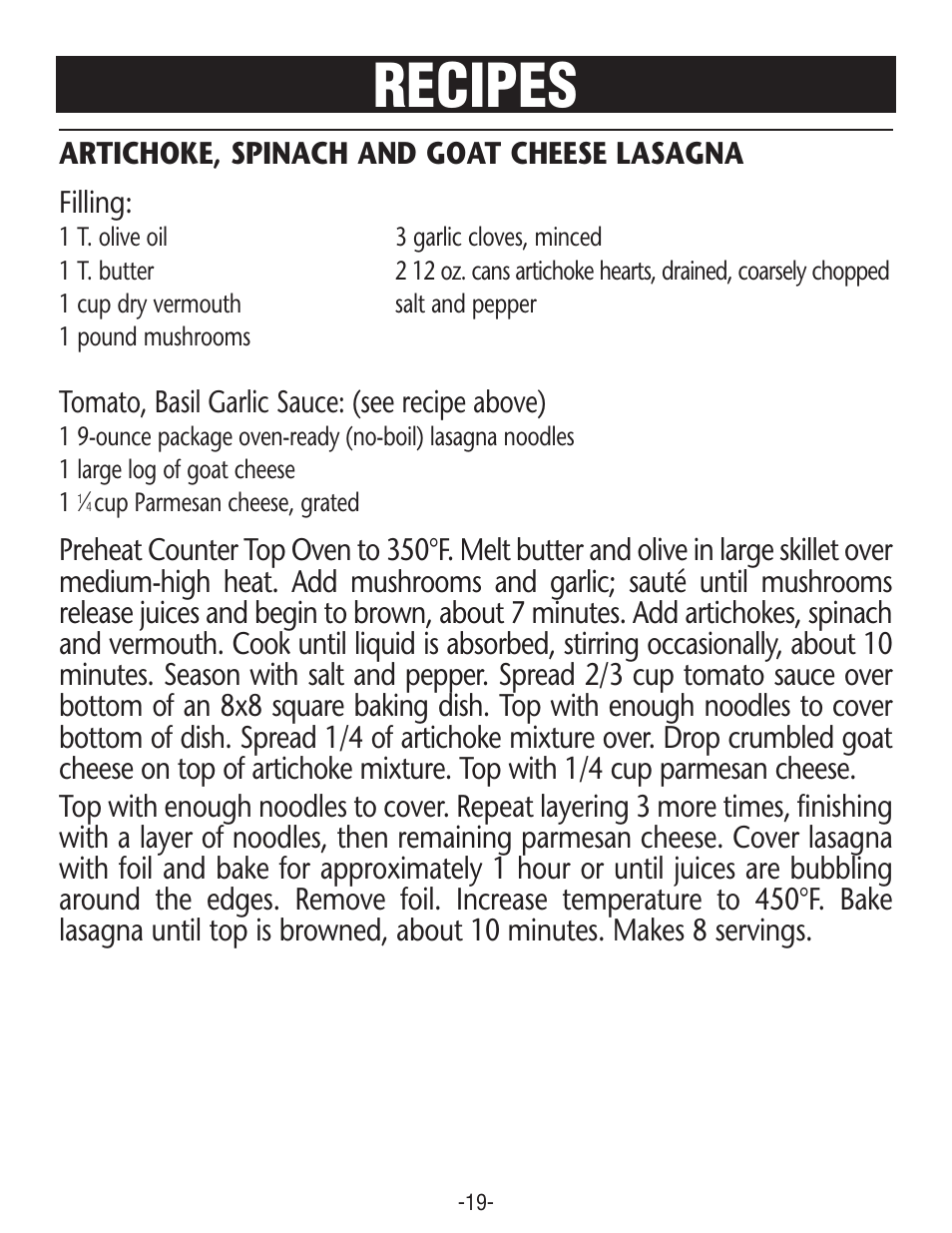 Recipes, Artichoke, spinach and goat cheese lasagna filling, Tomato, basil garlic sauce: (see recipe above) | Rival CO606 User Manual | Page 19 / 28