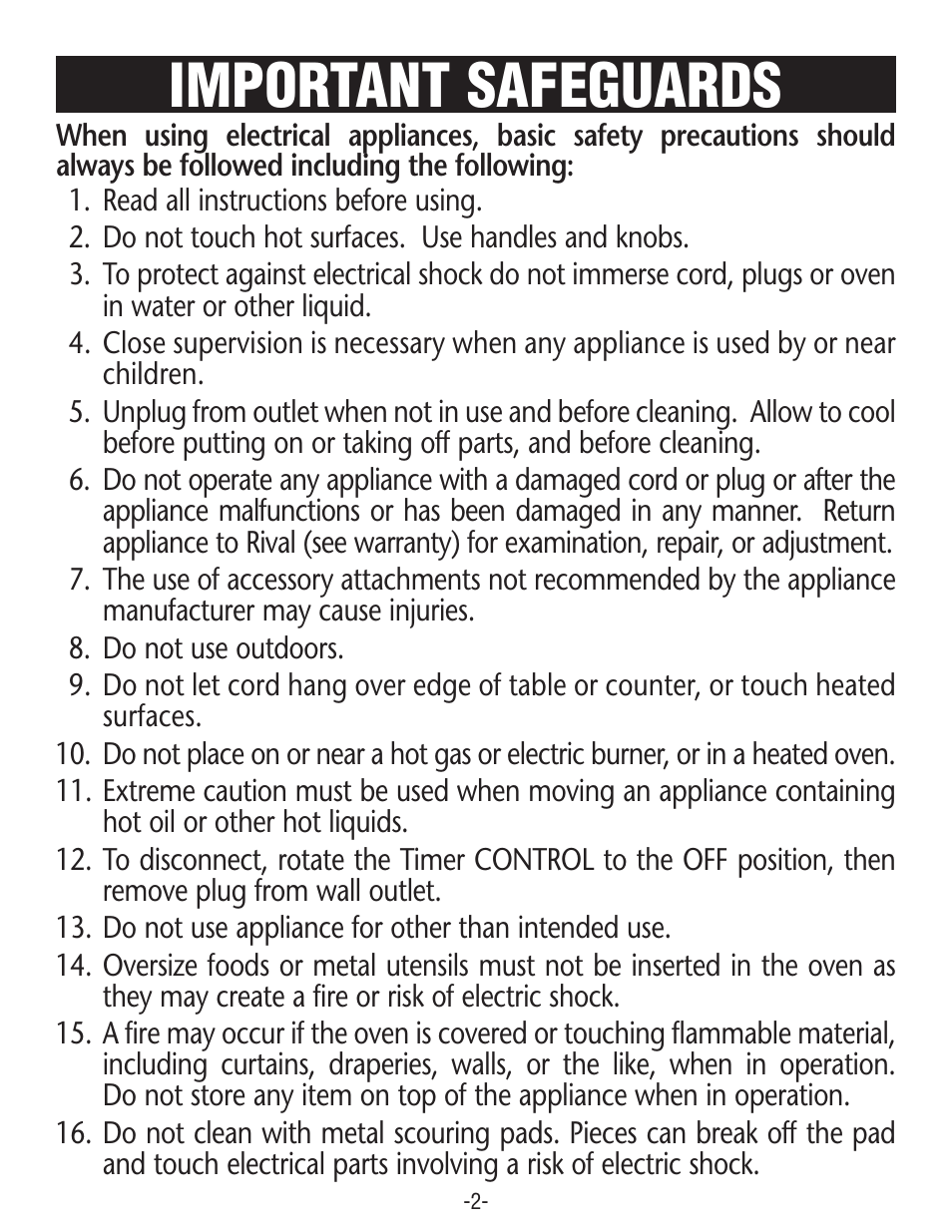 Important safeguards | Rival CO606 User Manual | Page 2 / 28