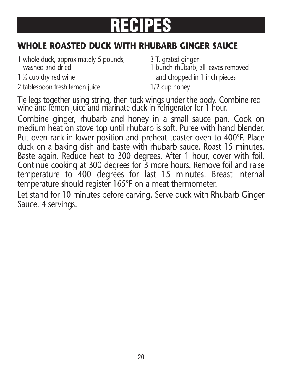 Recipes, Whole roasted duck with rhubarb ginger sauce | Rival CO606 User Manual | Page 20 / 28