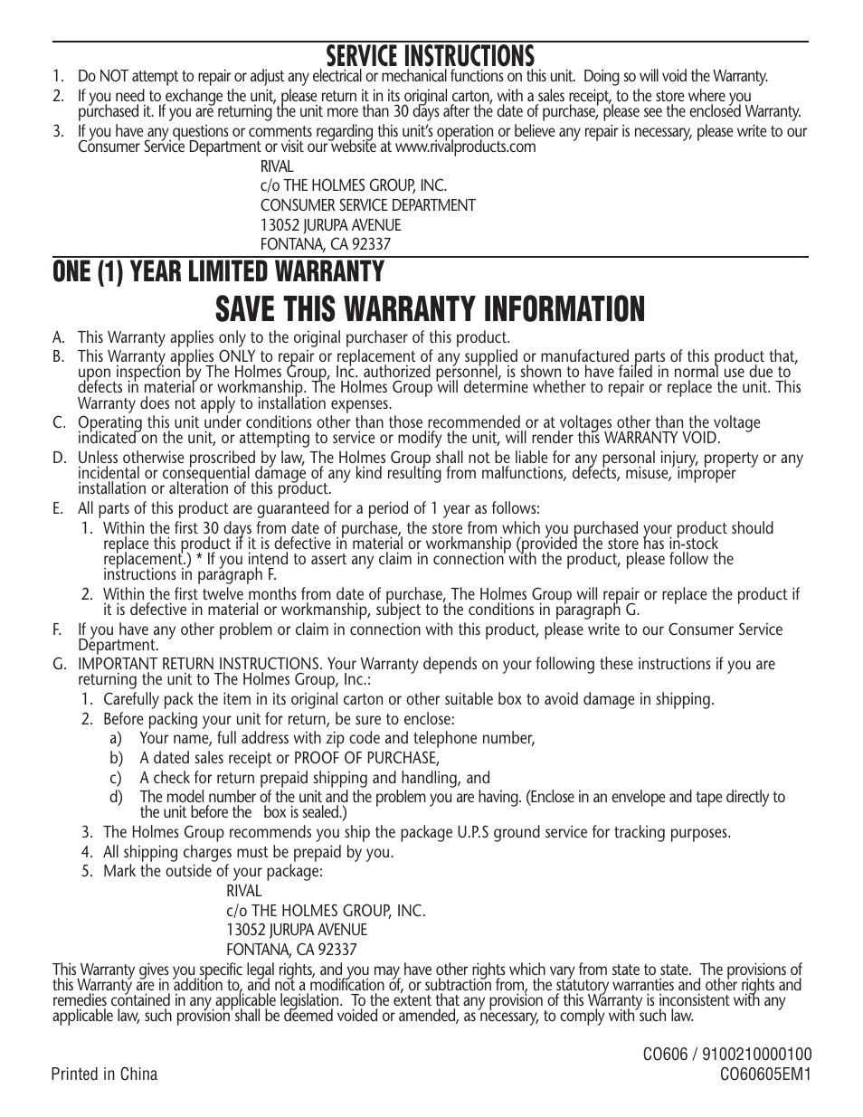 Save this warranty information, Service instructions, One (1) year limited warranty | Rival CO606 User Manual | Page 28 / 28