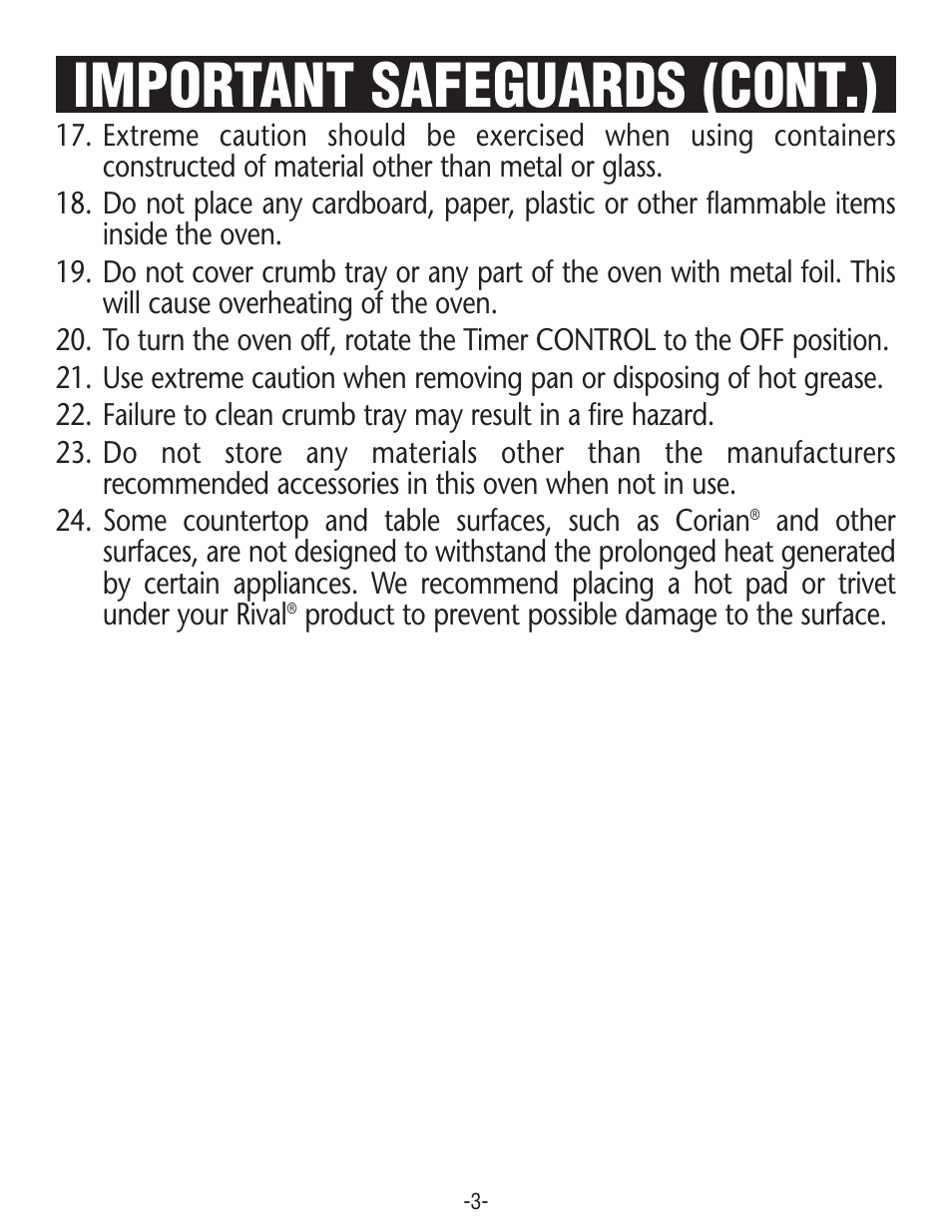 Important safeguards (cont.) | Rival CO606 User Manual | Page 3 / 28