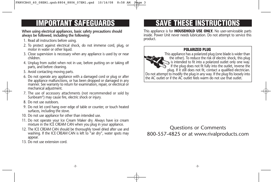 Save these instructions important safeguards | Rival FRRVCB40/60 User Manual | Page 2 / 8