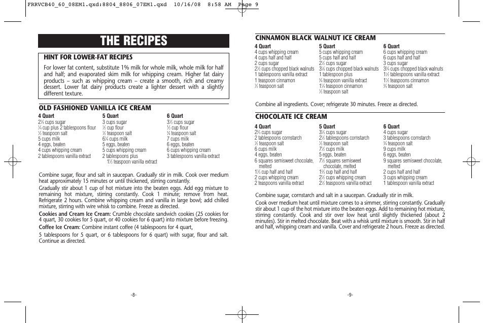 The recipes, Hint for lower-fat recipes, Old fashioned vanilla ice cream | Cinnamon black walnut ice cream, Chocolate ice cream | Rival FRRVCB40/60 User Manual | Page 5 / 8