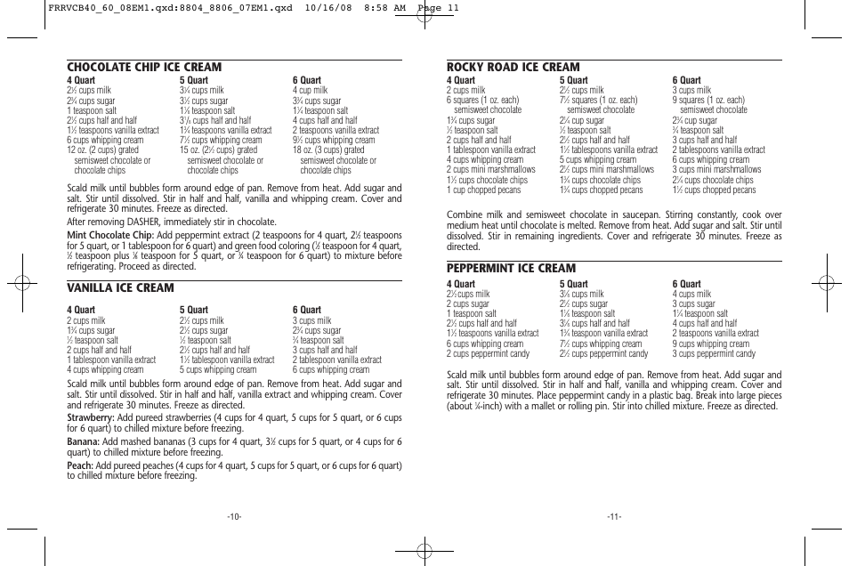 Chocolate chip ice cream, Vanilla ice cream, Rocky road ice cream | Peppermint ice cream, Teaspoon for 4 quart, Teaspoon plus, Teaspoon for 5 quart, or | Rival FRRVCB40/60 User Manual | Page 6 / 8