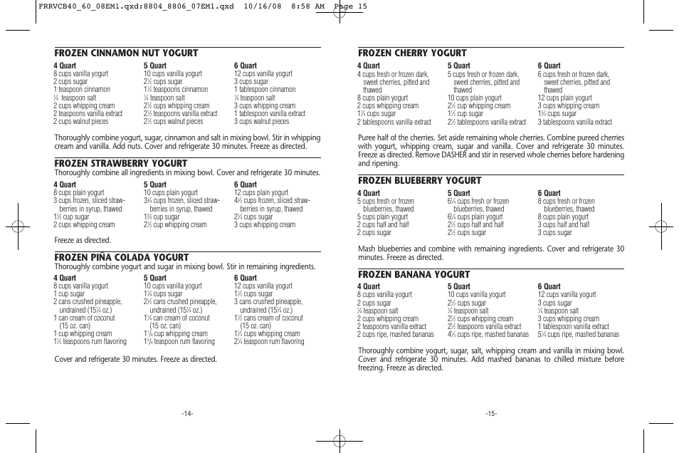 Frozen cinnamon nut yogurt, Frozen strawberry yogurt, Frozen piña colada yogurt | Frozen cherry yogurt, Frozen blueberry yogurt, Frozen banana yogurt | Rival FRRVCB40/60 User Manual | Page 8 / 8