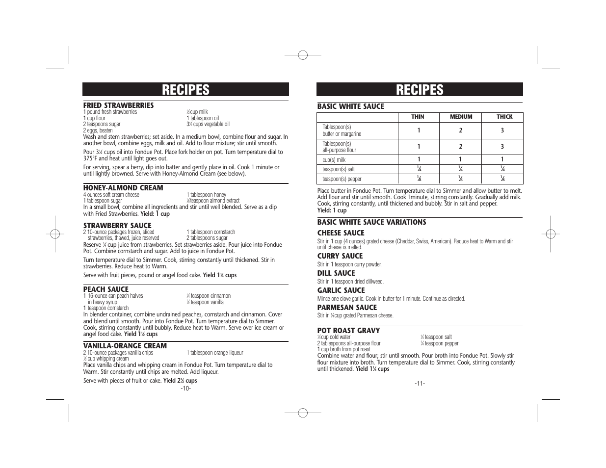 Recipes, Basic white sauce, Basic white sauce variations cheese sauce | Curry sauce, Dill sauce, Garlic sauce, Parmesan sauce, Pot roast gravy, Fried strawberries, Honey-almond cream | Rival FD300 User Manual | Page 6 / 7