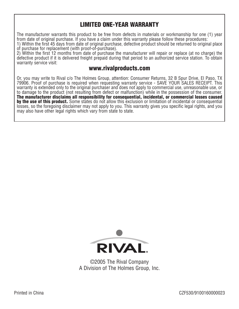 Limited one-year warranty | Rival CZF530 User Manual | Page 16 / 16