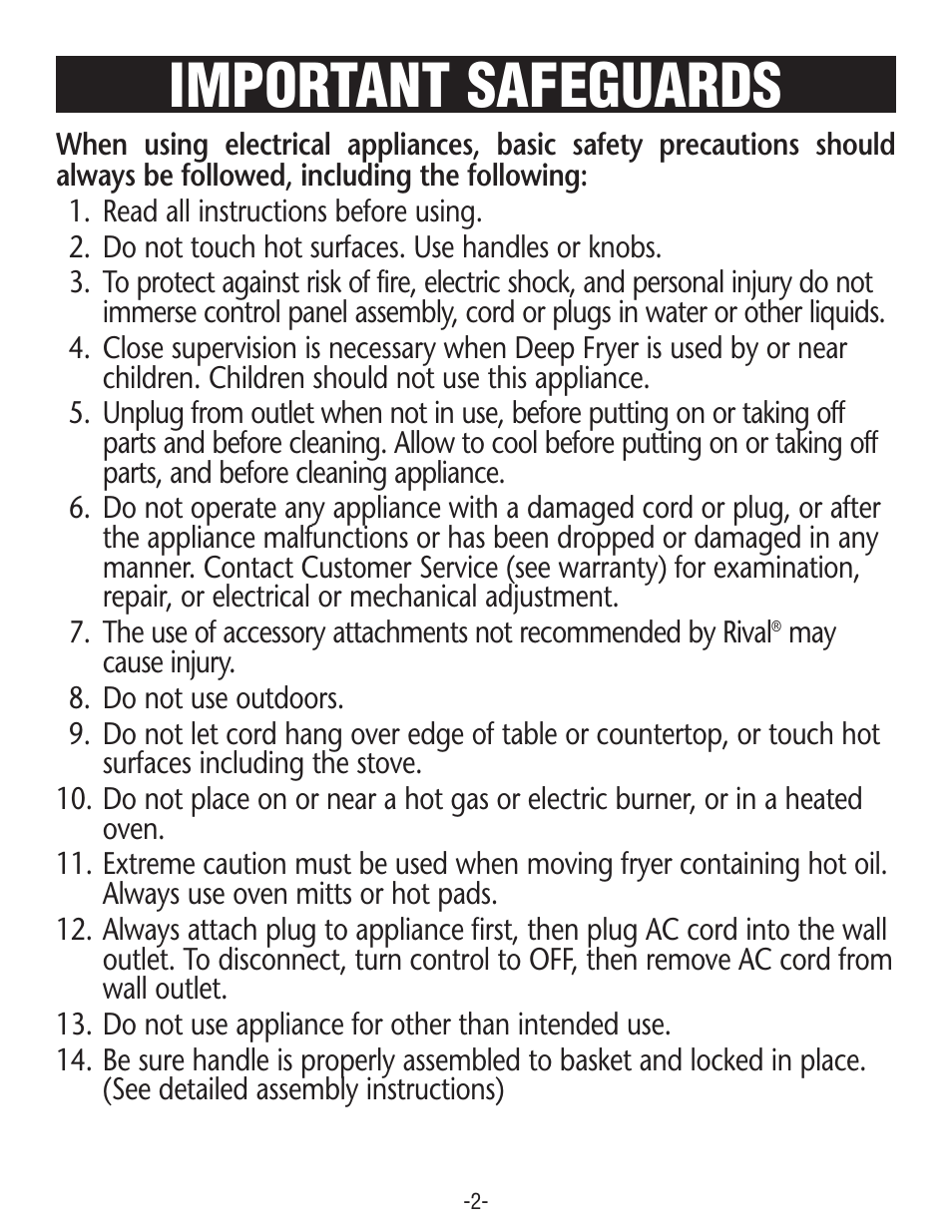 Important safeguards | Rival CZF530 User Manual | Page 2 / 16