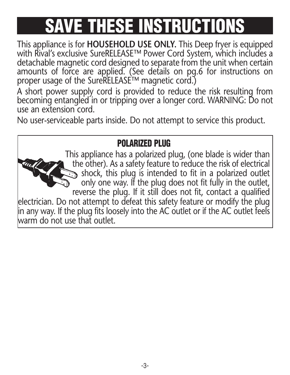 Save these instructions | Rival CZF530 User Manual | Page 3 / 16