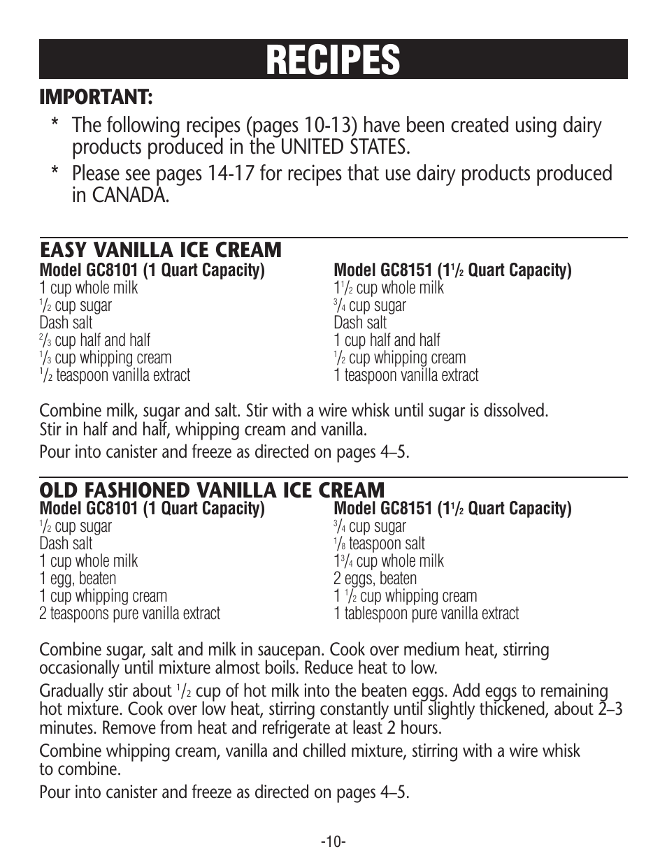 Recipes, Old fashioned vanilla ice cream | Rival GC8151 User Manual | Page 10 / 20
