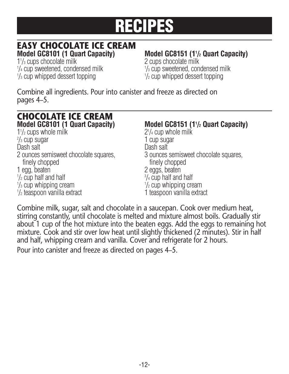 Recipes, Easy chocolate ice cream, Chocolate ice cream | Quart capacity) 1, Cups chocolate milk 2 cups chocolate milk, Cup sweetened, condensed milk, Cup whipped dessert topping, Cups whole milk 2, Cup whole milk, Cup half and half | Rival GC8151 User Manual | Page 12 / 20