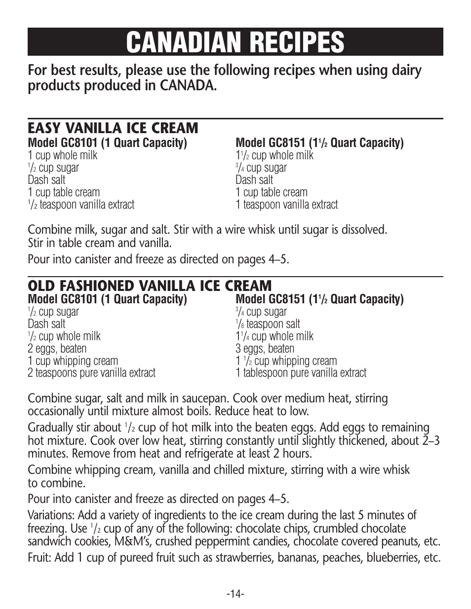 Canadian recipes, Old fashioned vanilla ice cream | Rival GC8151 User Manual | Page 14 / 20