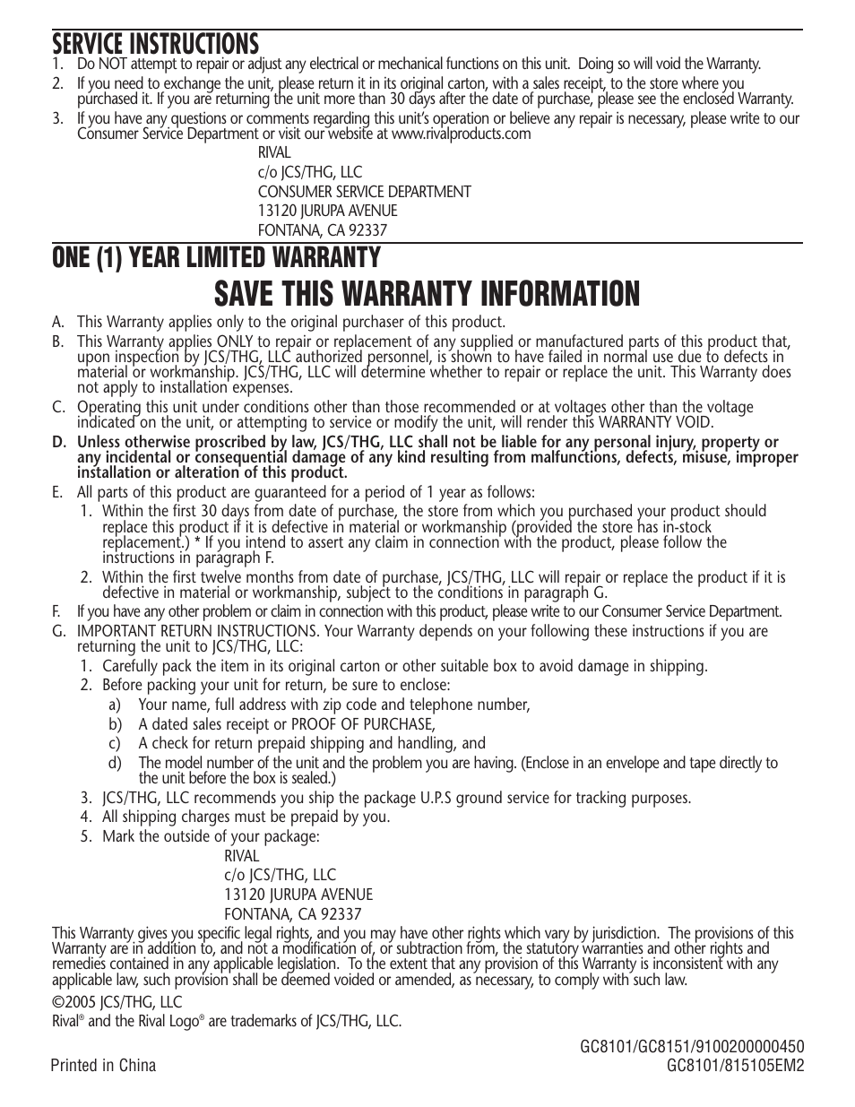 Save this warranty information, Service instructions, One (1) year limited warranty | Rival GC8151 User Manual | Page 20 / 20