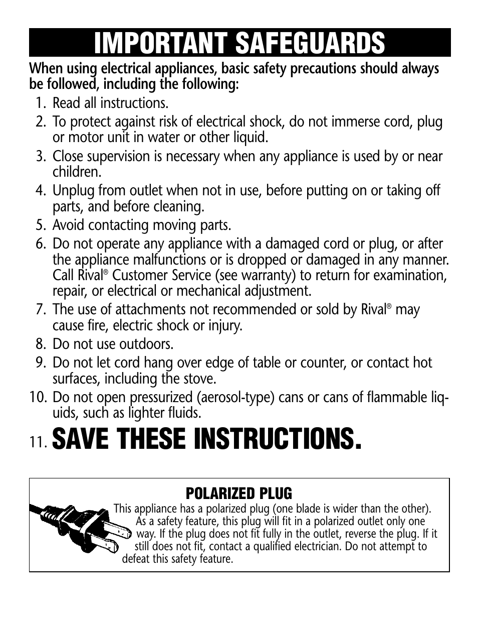 Important safeguards, Save these instructions | Rival CN763 User Manual | Page 2 / 4