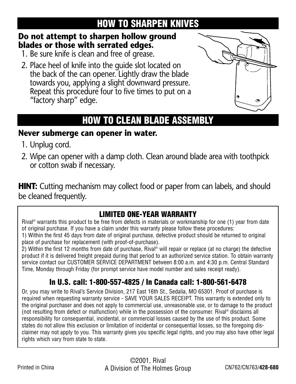 How to sharpen knives, How to clean blade assembly | Rival CN763 User Manual | Page 4 / 4